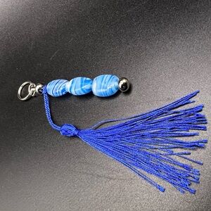 Artisan Blue and White Stripe Glass Bead Keychain Bag Charm with Tassel Custom